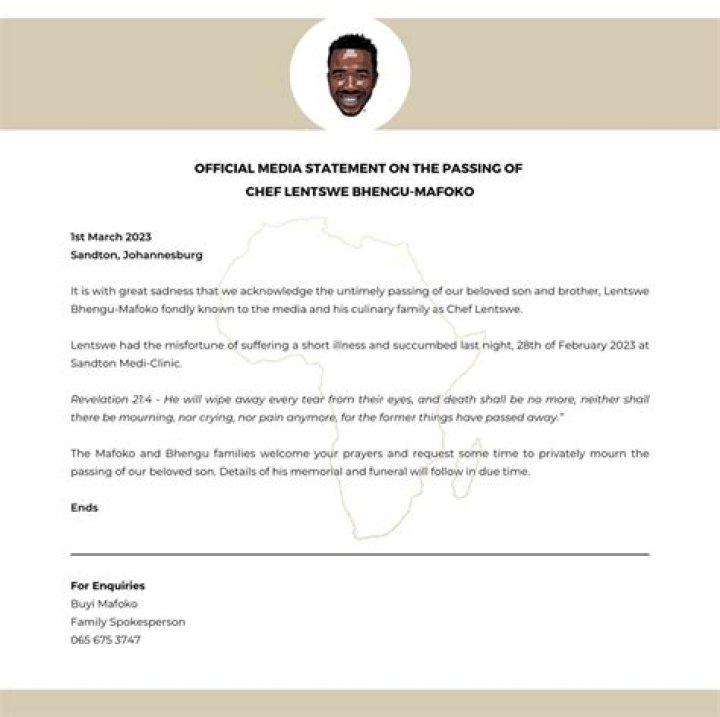 Chef Lentswe Bhengu Cause of Death, Age, Family, Net Worth
